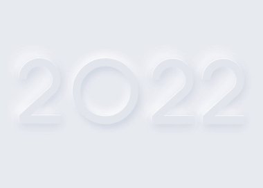 2022 yılbaşı davetiyesi. Moda Neumorphism tarzı kağıt kesme arayüzü arka planı. Yumuşak, berrak ve basit fütürist Neo Morfizm şekil elementleri tasarımı, vektör bayrağı beyaz üzerine izole edilmiş