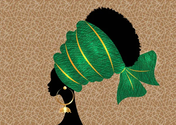 伝統的なターバン手作りの部族のモチーフで美しいアフリカの女性の肖像画 ケントの頭は 民族のイヤリング 黒の女性とアフリカのラップアフリカの巻き毛 バティックの背景に隔離されたベクトルシルエット — ストックベクタ