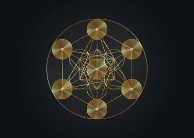 Gold Metatrons Cube, Flower of Life. Sacred geometry, graphic geometric elements. Mystic icon platonic solids, abstract geometric drawing, crop circles. Vector isolated on black background clipart