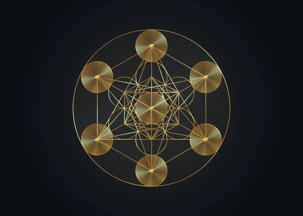 ゴールドメタトロンキューブ 生命の花 神聖な幾何学 グラフィック幾何学的要素 神秘的なアイコンのプラトニック固体 抽象的な幾何学的な図面 ミステリーサークル 黒の背景に隔離されたベクトル — ストックベクタ
