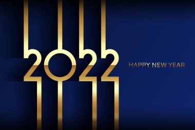 Altın 2022 Mutlu Yıllar kartı, kaliteli folyo gradyan desen çizgileri, koyu arkaplan. Bayram kartı, davetiye, takvim posteri için lüks bir tasarım. 2022 Yeni Yıl Mavi Üzerine Altın Metin