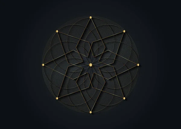 金の神聖な幾何学 8点星 ロゴアイコン錬金術の幾何学的神秘的な曼荼羅生命の種 黒の背景に隔離されたベクトル同心円神瞑想のお守り — ストックベクタ