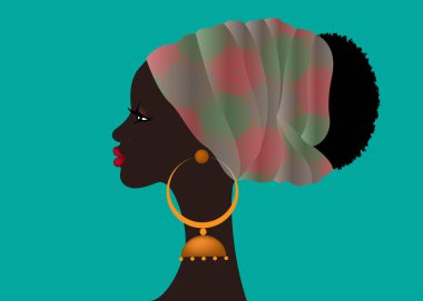 Afro saç stili, balmumu desenli kumaş sarıklı güzel Afrikalı kadın afro kıvırcık saçlar için etnik kabile renginde başörtüsü, klasik yeşil arka planda vektör izotopu