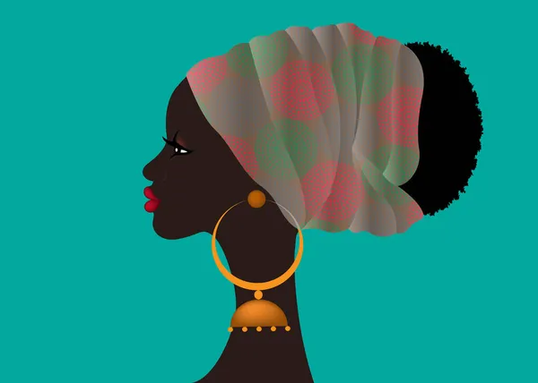 Afro Hairstyle Beautiful Portrait African Woman Wax Print Fabric Turban — Stock Vector