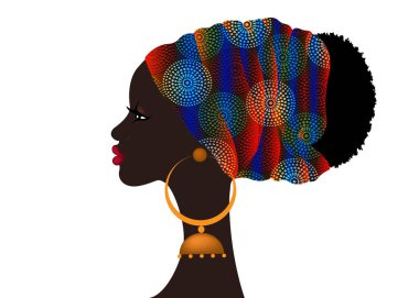 Afro saç stili, balmumu desenli kumaş sarıklı güzel Afrikalı kadın afro kıvırcık saçlar için etnik kabile renginde örtü, beyaz arka planda vektör izotopu.
