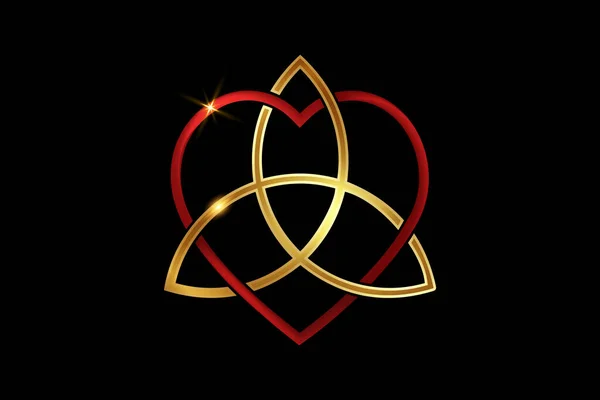Κέλτικος Ερωτικός Κόμπος Συνυφασμένο Κόκκινο Σχήμα Καρδιάς Και Χρυσή Triquetra — Διανυσματικό Αρχείο