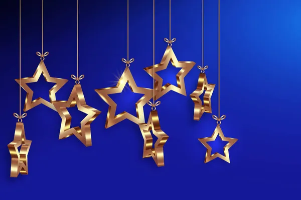 3D星形のクリスマスボール セットされた金の星 メリークリスマスとハッピーニューイヤーグリーティングカードとクリスマス豪華な休日のバナー ブルーを基調とした黄金の高級ベクトルイラスト — ストックベクタ