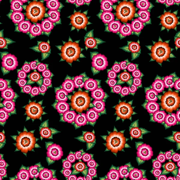 墨西哥无缝花绣花图案 民族艳丽的曼达拉土生土长的花卉民俗时装设计 刺绣的墨西哥传统纺织品风格 在黑色背景上分离的载体 — 图库矢量图片