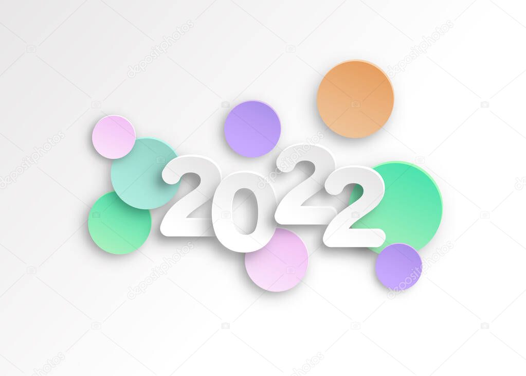 New year 2022 paper cut numbers in delicate colors. Decorative greeting card 2022 happy new year. Colorful Christmas banner, vector illustration isolated on white background 