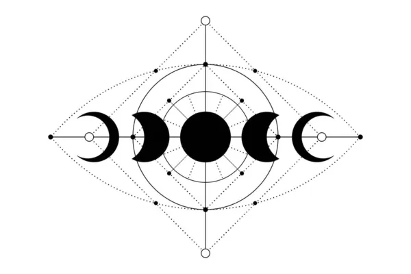 天体魔法の月相アイコン 神聖な幾何学 プロビデンスの目神秘的な概念 錬金術白い背景に隔離されたすべての目 黒のロゴの入れ墨 Bohoスタイルのベクトルを見て — ストックベクタ