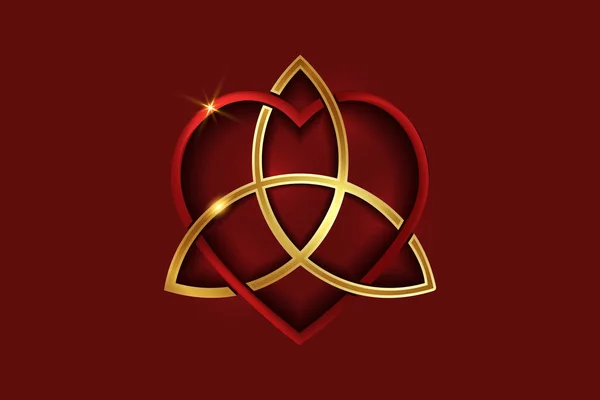 Nodo Amore Celtico Intreccio Forma Cuore Rosso Triquetra Dorata Nodo — Vettoriale Stock