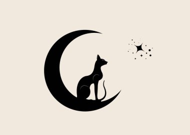 Hilal Ay 'da oturan Mısırlı Kara Kedi, yıldızlara bak. Simya Logosu Wicca sembolü, boho stili, dövme ikonu. Vektör illüstrasyonu eski vintage arkaplanda izole edildi