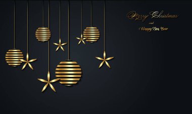 Altın yazılı Noel tatili afişi ve mutlu yıllar ve altın renkli Noel baloları. Vektör illüstrasyonu siyah arkaplanda izole edildi