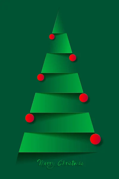 紙のクリスマスツリーと赤いクリスマスボール 紙のカットスタイルでベクトル新年カード 緑の背景 — ストックベクタ