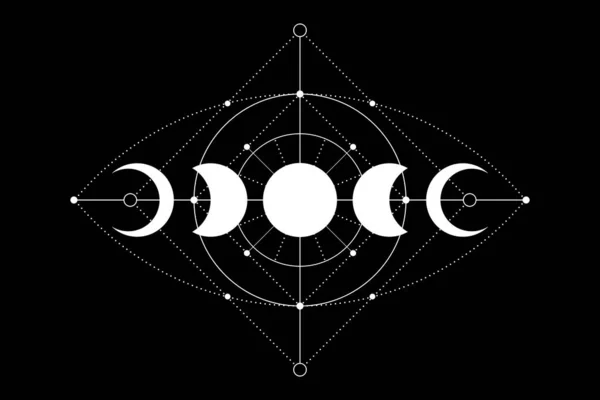 天上的魔法月亮相位图标 神圣几何学 天眼的神秘概念 炼金术所有视力的眼睛 白色标识纹身 黑色背景的Boho风格矢量 — 图库矢量图片