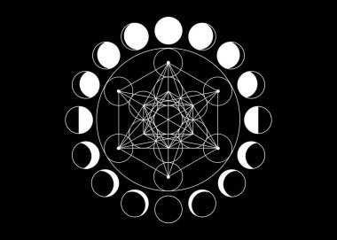 Metatron Küp, Yaşam Çiçeği. Kutsal geometri, ay evreleri, geometrik elementler. Mistik ikon platonik katılar, soyut geometrik çizimler, ekin çemberleri. Siyah arkaplanda izole edilmiş vektör