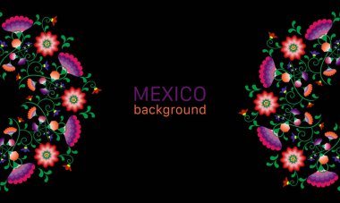 Embroidery native flowers folk pattern with Polish and Mexican influence. Trendy ethnic decorative traditional floral in symmetric design, for fashion, interior, stationery. Vector isolated on black clipart