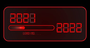 2022 Mutlu yıllar dijital saat. 2021 2022 'ye yükleniyor. Kırmızı, neon ışıklı dijital zaman tarzı. İlerleme neredeyse yeni yıl arifesine ulaşıyor. Vektör illüstrasyonu, kırmızı ekran izole veya siyah arkaplan