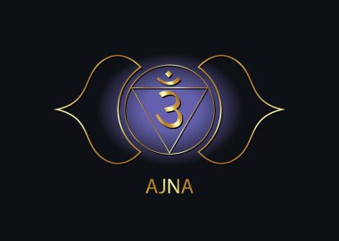 Üçüncü göz çakra Ajna logo şablonu. Altıncı frontal çakra, Sacral altın işareti meditasyonu, yoga mavi ve mor renkli mandala ikonu vektörü siyah arkaplanda izole edilmiş. 