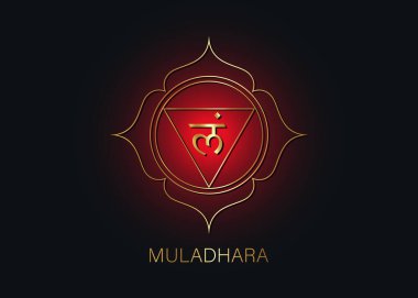 Muladhara çakra logo şablonu. İlk kök çakra sembolü. Kırmızı ve Altın kuyruk işareti meditasyonu, yoga mandala ikonu vektörü siyah arkaplan üzerinde izole 