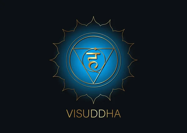第五部Sroat Chakra Visuddha与印度教梵语的种子Mantra Vam 蓝色和金色平面的设计风格象征冥想 在黑色背景上孤立的圆形标志模板向量 — 图库矢量图片