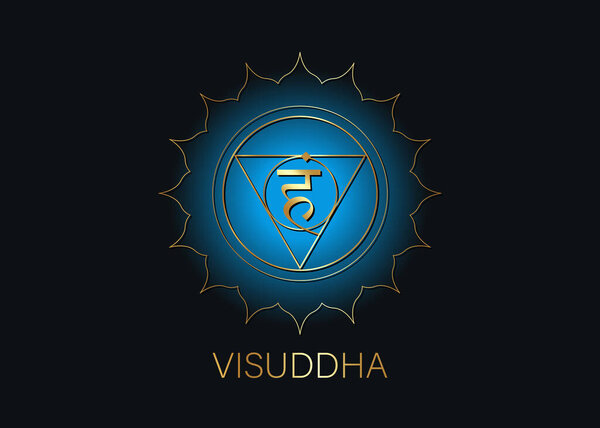 fifth Throat chakra visuddha with the Hindu Sanskrit seed mantra Vam. Blue and gold flat design style symbol for meditation, yoga. Round Logo template Vector isolated on black background 