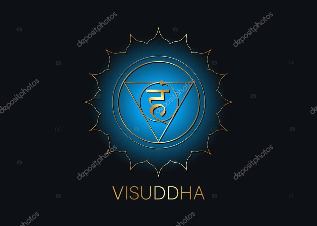 Fifth Throat chakra visuddha with the Hindu Sanskrit seed mantra Vam. Blue and gold flat design style symbol for meditation, yoga. Round Logo template Vector isolated on black background