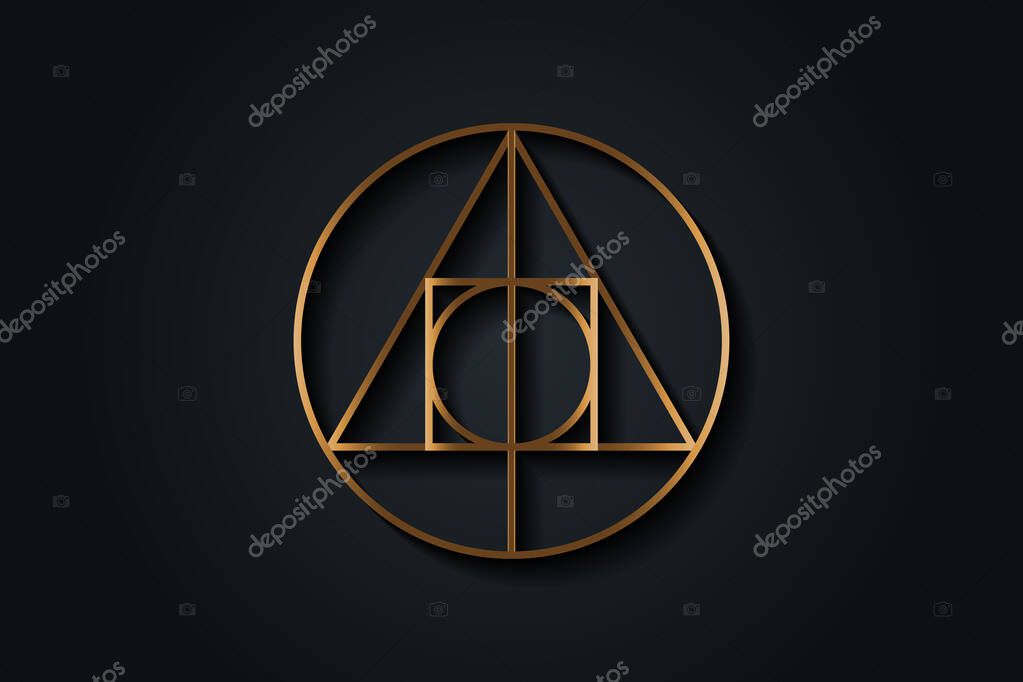 Gold sacred magic geometry , occult symbol , alchemical symbol showing the interaction between the four elements of matter symbolizing the philosopher's stone, vector isolated on black background