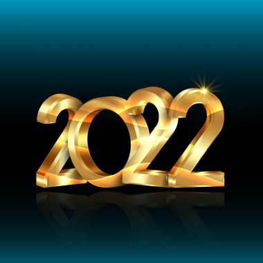 2022 altın 3D rakamlar, mutlu yıllar. Kare pankart Noel teması. Tebrik kartı, davetiye, takvim, parti, altın lüks VIP, mavi arkaplanda izole edilmiş vektör için tatil tasarımı