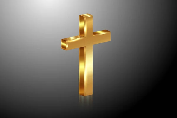 3D金十字架 明亮的十字架 金箔质感 象征洗礼 希望和信念的象征 在黑色梯度背景上孤立的矢量图解 — 图库矢量图片