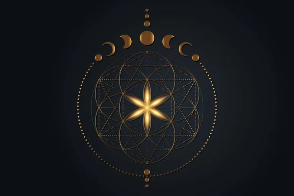 Fleur Mystique Vie Phases Lune Géométrie Sacrée Graine Vie Symbole — Image vectorielle