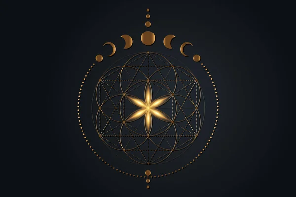 Flor Mística Vida Fases Lunares Geometría Sagrada Semilla Oro Vida — Vector de stock