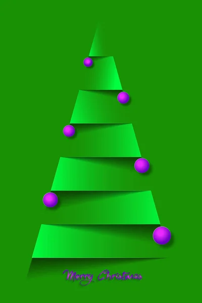 紙のクリスマスツリーとピンクの紫のクリスマスボール ファッションベクトル新年カード紙カットスタイル 緑の背景 — ストックベクタ