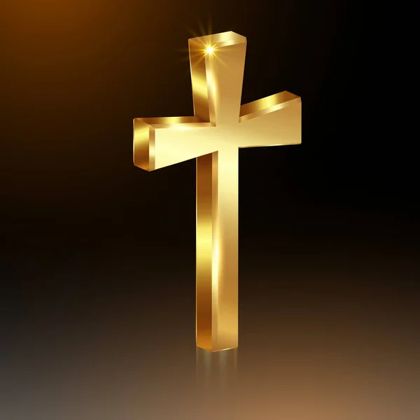 3D金十字架 明亮的十字架 金箔质感 象征洗礼 希望和信念的象征 在黑色梯度背景上孤立的矢量图解 — 图库矢量图片