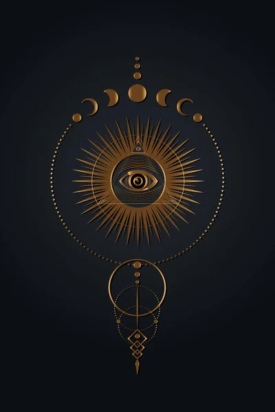 Золоте Містичне Третє Око Фази Місяця Чорному Тлі Sacred Masonic — стоковий вектор