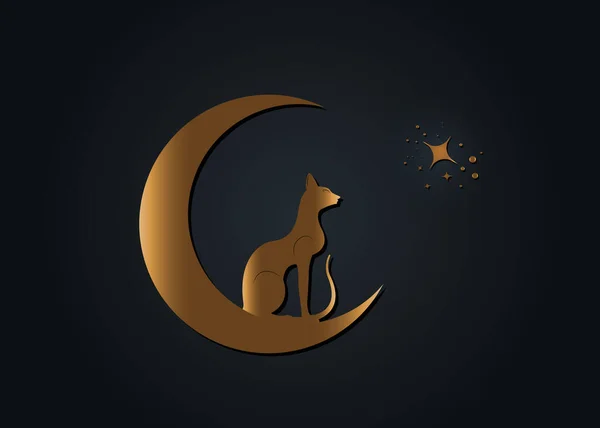 Egyptian Black Cat Sitting Crescent Moon Look Stars Golden Alchemy — Stock Vector