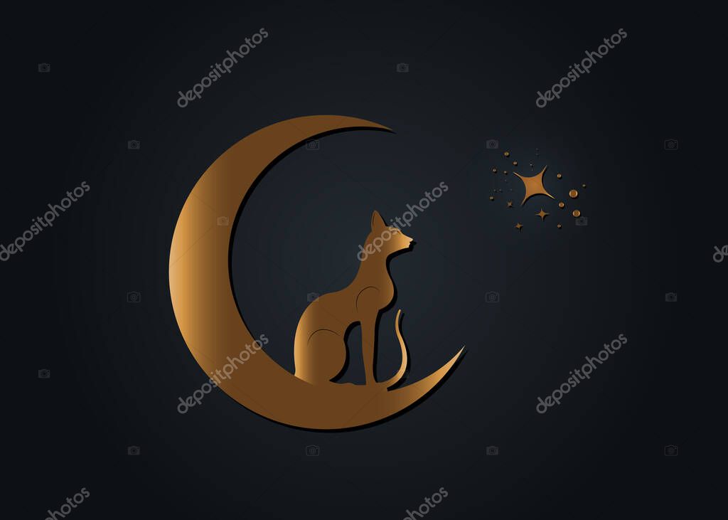 Egyptian Black Cat sitting on the crescent Moon, look at the stars. Golden Alchemy Logo Wicca symbol, boho style, gold tattoo icon. Vector illustration isolated on black background