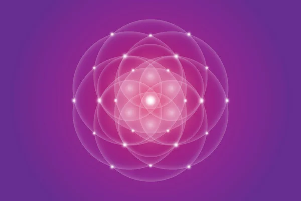 生命の種 神聖な幾何学 生命の花 光のロゴ調和とバランスの象徴 輝く幾何学的装飾 紫色の背景に隔離された白い蓮のベクトル — ストックベクタ