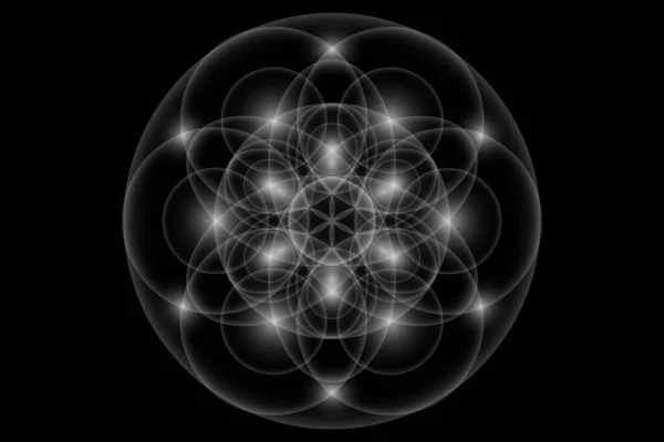 生命の種 神聖な幾何学 生命の花 光のロゴ調和とバランスの象徴 輝く幾何学的装飾 黒い背景に隔離された白い蓮のベクトル — ストックベクタ