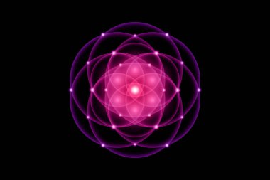 Yaşam tohumu, Kutsal Geometri, Yaşam Çiçeği, Işık logosu Uyum ve Denge Sembolü, Parlayan Geometrik Süs, siyah arkaplanda izole edilmiş mor lotus vektörü