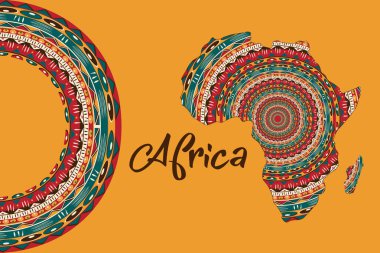 Afrika desenli harita. Geleneksel grunge Afrika desenli afiş, elementler, konsept tasarım. Turuncu arkaplanda vektör izole edildi 