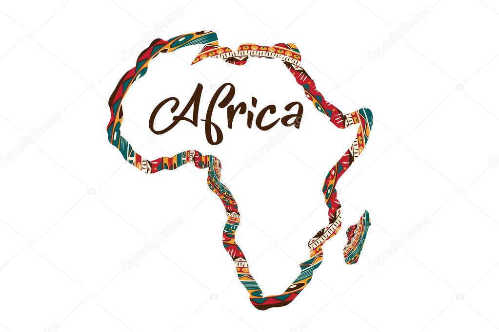 Africa patterned map silhouette. Banner with tribal traditional grunge African pattern, elements, concept design. Vector isolated on white background
