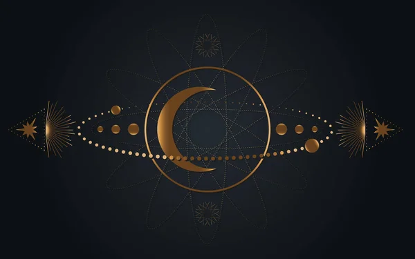 Mystical Sacred Geometry Moon Stars Orbits Gold Moon Magic Pagan — стоковый вектор