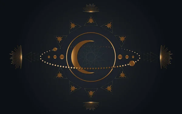 Geometria Sagrada Mística Lua Estrelas Órbitas Gold Moon Magia Pagã — Vetor de Stock