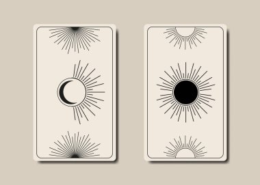 Sihirli tarot kartları, kara büyü güneş ve ay boho stili, kutsal geometri işareti, ezoterik ruhani semboller, Tanrı ve Tanrıça işareti. Eski beyaz arkaplanda vektör vintage koleksiyonu