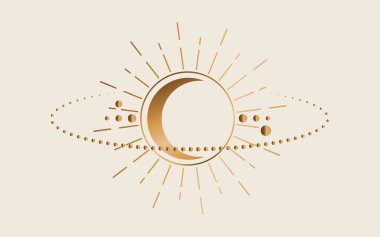 Mistik kutsal geometri. Ay, Güneş, yörüngeler. Hilal ay sihirli pagan cadı tanrıçası sembolü. Simya, sihir, ezoterik, okültizm. Vintage arkaplanda izole edilmiş vektör altın dövme illüstrasyonu