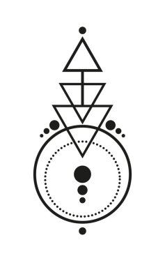 Soyut Geometrik Dövme, sihirli logo tasarımı, astroloji, simya, boho tarzı. Geometrik şekilli kara mistik bir işaret. Vektör illüstrasyonu beyaz arkaplanda izole edildi 
