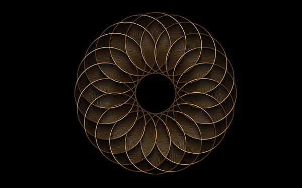 Torus Yantra 金の花の神聖な幾何学サークル要素 ゴールデンロゴ曼荼羅円数理装飾 黒の背景に隔離された円からの豪華な円形のパターン — ストックベクタ