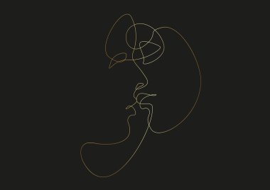 Öpüşme sanatı, öpüştükleri kadın ve erkek, altın çizgili vektör çizimi. Aşıkların minimalist bir portresi. Aşk baskısı. Sevgililer Günü sembolü. Modern sürekli hat. Moda baskısı. Beaty Salonu