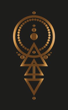 Soyut Geometrik Dövme, sihirli altın logo tasarımı, astroloji, simya, boho tarzı. Geometrik şekilli altın mistik bir işaret. Vektör illüstrasyonu siyah arkaplanda izole edildi 